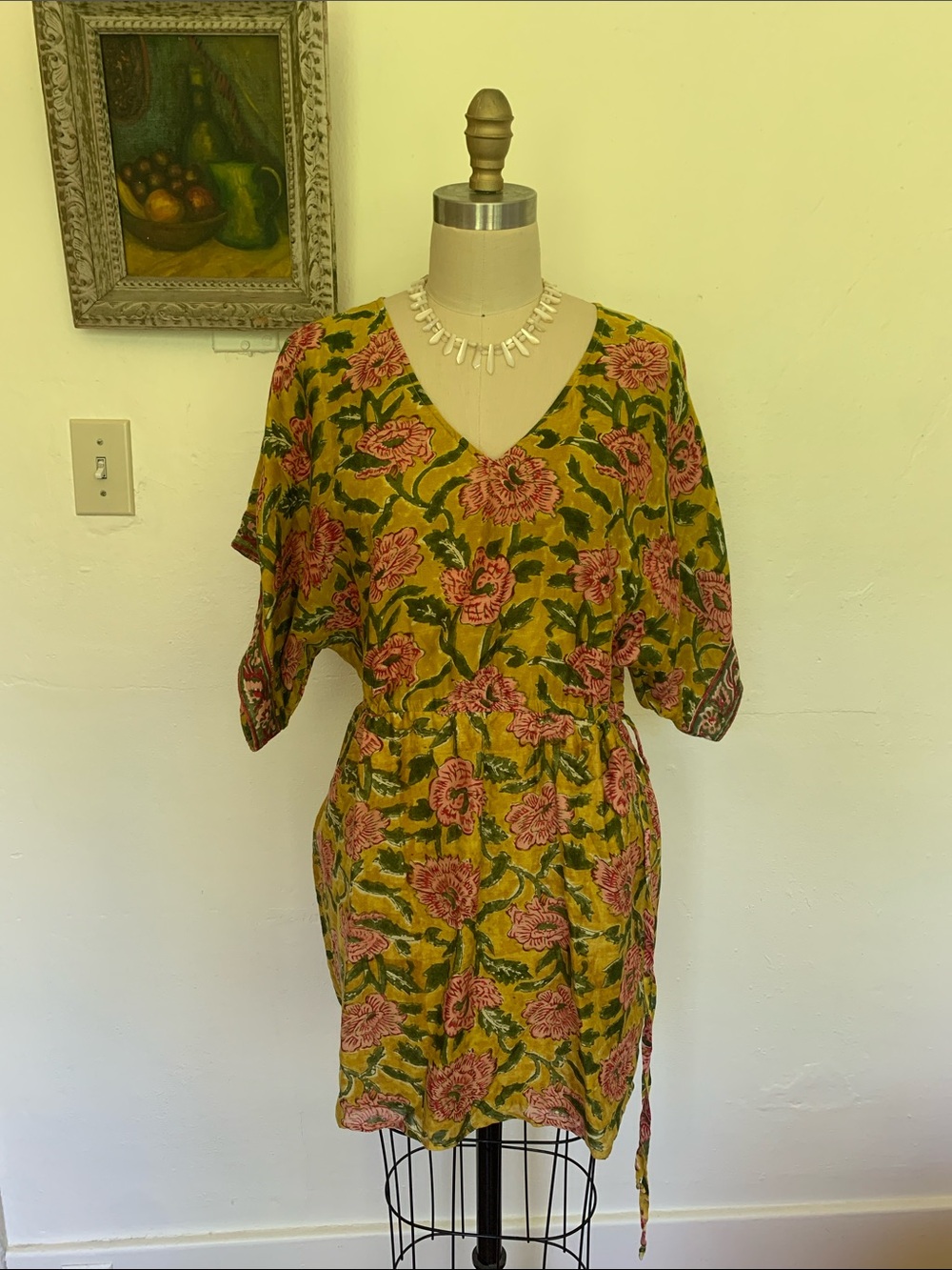 Lido Floral V-Neck Minidress Tunic Coverup in Mustard and Pink Sz M